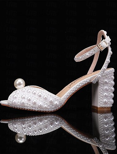  bryllupssko til bruden brudepike kvinner peep toe hvit beige pu sandaler med imitert perleblokk hæl chunky hæl ankelstropp bryllupsfest kveld daglig elegant klassisk