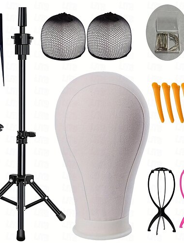  Cabeza de peluca de 22 pulgadas/trípode con cabeza, cabeza de maniquí de lona para pelucas, bloque de cabeza de maniquí, exhibición con gorros de peluca, 70 t &Juego de pasadores C2 peines2 soporte