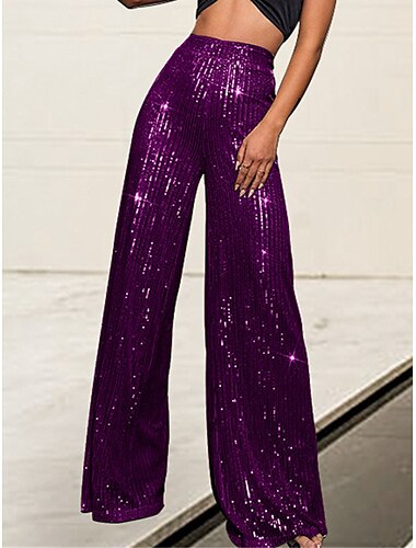  Damen Breites Bein Hosen Hose Glitzernde Hosen Elegant Modisch Glanz In voller Länge Hoher Taillenbund Glatt Pailletten Bequem Mikro-elastisch Party Strasse Party & Abend Weinrot M beige Rosagold