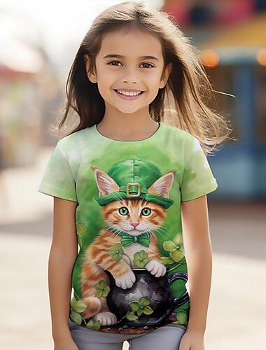  Sf. Patrick Fete 3D Pisica Trifoi cu Patru Foi Tricou Cămașă Manșon scurt Tipărire 3D Vară Activ Modă Drăguţ Poliester Copii 3-12 ani Stil Nautic În aer liber Casual Zilnic Fit regulat