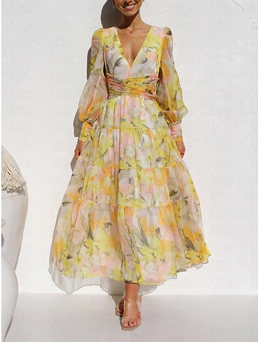  Damen Freizeitkleid Blumendruck V-Ausschnitt Langes Kleid Maxikleid Urlaub Langarm Sommer Frühling