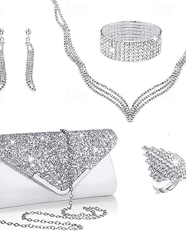  Brautmode, Diamant-Halskette, Ohrringe, Armband, Ring, PU-Pailletten, Handtasche, Abendessentasche, 5er-Set
