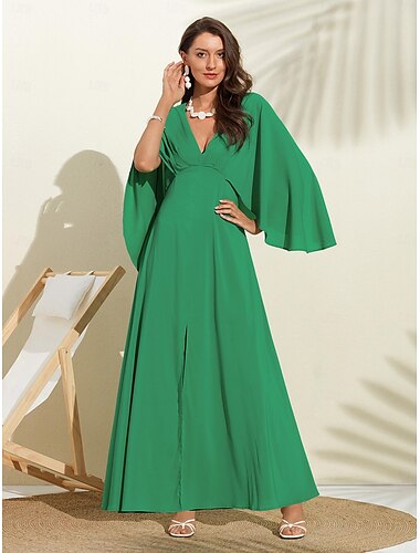  Vestido maxi de gasa verde con escote en V y mangas dolman para invitadas a fiestas o bodas para mujer, vestido con diseño de capa para impresionar en 2024
