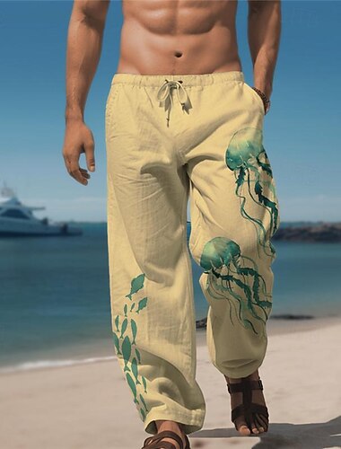  قنديل البحر الحياة البحرية الرجال منتجع 3D المطبوعة عارضة السراويل السراويل مرونة الخصر الرباط فضفاضة تناسب مستقيم الساق الصيف بناطيل الشاطئ S إلى 3XL