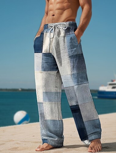  pantaloni casual da uomo a quadri color block resort stampati in 3D pantaloni elastici in vita con coulisse vestibilità ampia pantaloni da spiaggia estivi a gamba dritta dalla s alla 3xl