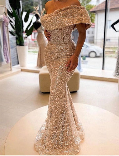  Mermaid / Trumpet Evening Gown Elegant Dress Formal Floor Length Sleeveless Off Shoulder Sequined with Sequin 2024
