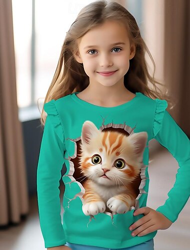  Mädchen 3D Karikatur Katze Rüschen-T-Shirt Rosa Langarm 3D-Druck Frühling Herbst Aktiv Modisch Kuschelig kinderkleidung 3-12 Jahre Rundhalsausschnitt Outdoor Casual Täglich Regular Fit