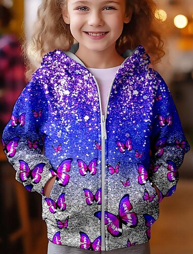  Mädchen 3D Schmetterling Kapuzenshirt Mantel Oberbekleidung Rosa Langarm Herbst Winter Aktiv Kuschelig Strassenmode kinderkleidung 3-12 Jahre Reissverschluss Strasse Täglich Regular Fit