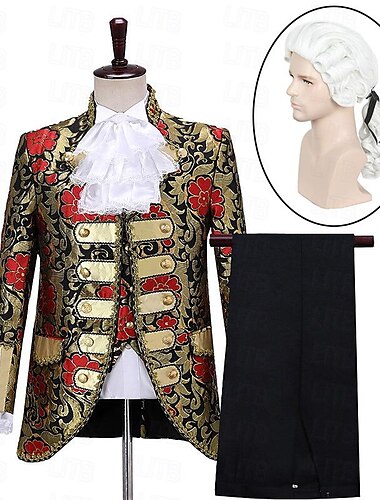  conjunto con el príncipe aristócrata vintage medieval renacimiento pantalones trajes abogado peluca rizada 2 piezas hombres retro cosplay corbata fiesta de disfraces de halloween