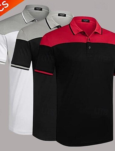  Mehrfachpackungen 3St Herren Kargen Kurzarm Weiß / Schwarz / Rot Polo Golfhemd Golfpolo Spleißen Farbblock Freizeitskleidung Urlaub Polyester Sommer