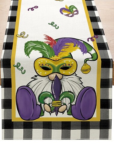  Leinen-Tischläufer, Zwerge, Karneval, Karneval, Tischläufer, New Orleans, Brasilien, Karneval, Maskerade, Party-Dekoration, Festival, Urlaub, Küche, Esstisch-Dekoration für drinnen und draußen, Party-Dekoration