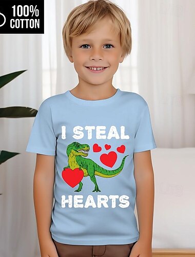  San Valentino Da ragazzo 3D Con cuori Dinosauro Alfabetico T-shirt Camicie Manica corta Stampa 3D Estate Attivo Sportivo Di tendenza 100% cotone Bambino 3-12 anni 4-12 anni Girocollo Esterno