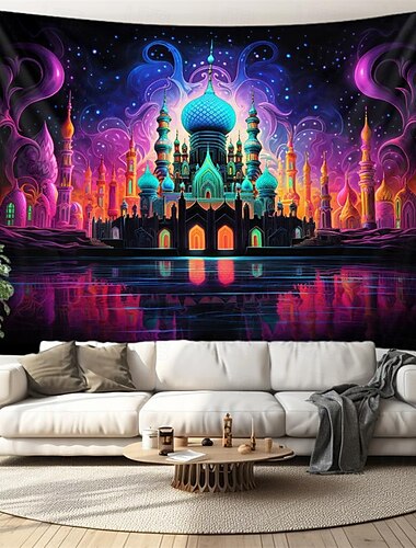  Tapiz de luz negra de la mezquita de Ramadán, reactivo UV que brilla en la oscuridad, trippy, paisaje natural brumoso, tapiz colgante, mural artístico de pared para sala de estar y dormitorio