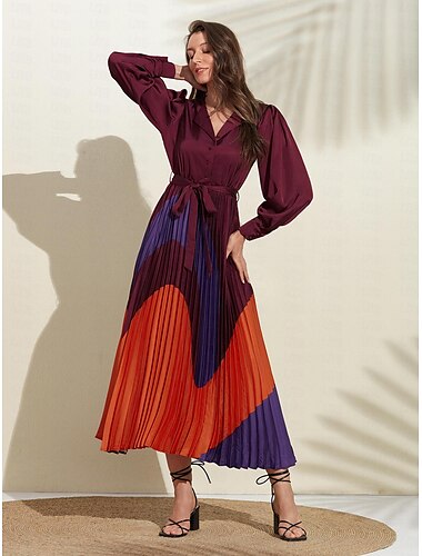  Femme Robe satinée Ourlet Maxi Violet manche longue Géométrique Bouton Ceinture à nouer Printemps Col V Robe Maxi S M L