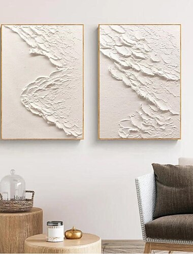  גלים לבנים ציור אבסטרקטי לבן אמנות מרקם תלת מימד אמנות קיר במרקם לבן עיצוב אמנות מינימליסטי עיצוב בית מתוח מסגרת מוכנה לתליה
