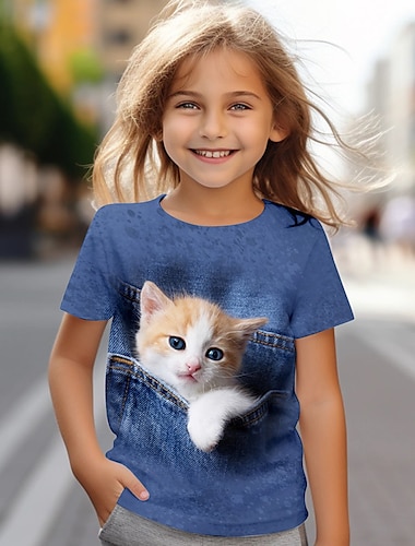  Девочки 3D Кот Футболка Рубашки С короткими рукавами 3D печать Лето Активный Мода Симпатичные Стиль Полиэстер Дети 3-12 лет Вырез под горло на открытом воздухе Повседневные Стандартный