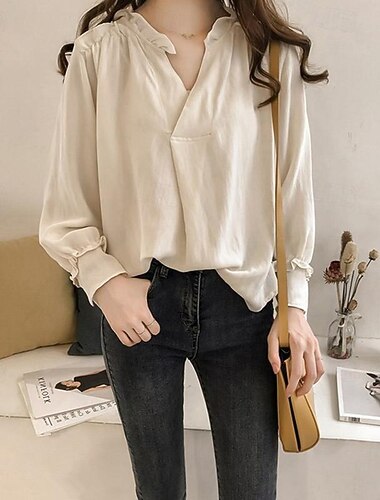  Damesoverhemden van imitatie katoen en linnen, met knoopsluiting, geel, marineblauw, beige, effen kleur, sexy, streetwear, dagelijkse mode, V-hals, katoen en linnen, normale pasvorm, maat M