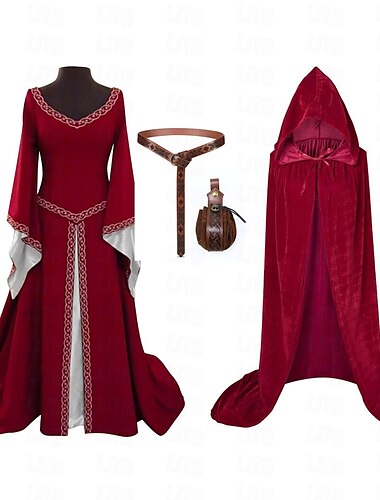  Mittelalterlich Renaissance Cocktailkleid Taillengürtel Abschlussballkleid Kapuzencape Ren Faire Wikinger Outlander Elfen Damen Keltisch Fantasie königlich Halloween Karneval Maskerade Party Festival