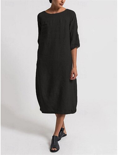  Damen Hellblau Schwarz Gelb Sommer Frühling Midikleid Leinen-inspirierte Kleider Freizeitkleid Basic Modern Täglich Wochenende Normale Passform Einfach Rundhalsausschnitt