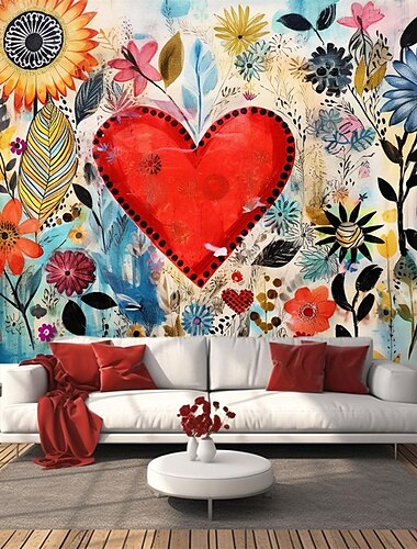  Pintura corazón floral San Valentín colgante tapiz arte de la pared gran tapiz mural decoración fotografía telón de fondo manta cortina hogar dormitorio sala decoración
