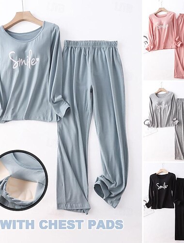  kvinnors pyjamasset brev mode komfort hem daglig säng bomull andas rund hals långärmad t-shirt t-shirt byxa bröstkuddar sommar vår hem outfits