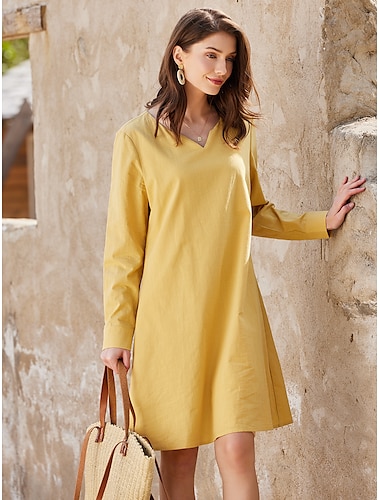  Mujer Vestido de lino de algodón Vestido de cambio Vestido Midi Sólido Básico Vacaciones Cuello con muescas. Manga Larga Verano Primavera Amarillo