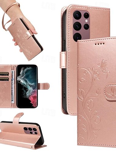  telefon Etui Til Samsung Galaxy S26 Ultra Plus S25 S24 S23 S22 S23 FE S21 Ultra Plus A34 A54 A73 Lommebok-kortveske Inngravert Helkroppsbeskyttende med håndleddsstropp Tre Sommerfugl TPU PU lær