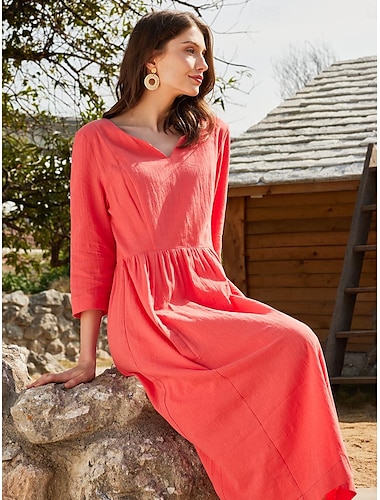  Women's V-Neck Cotton Linen Dress 3/4 Sleeve Ruched Midi Casual Vacation