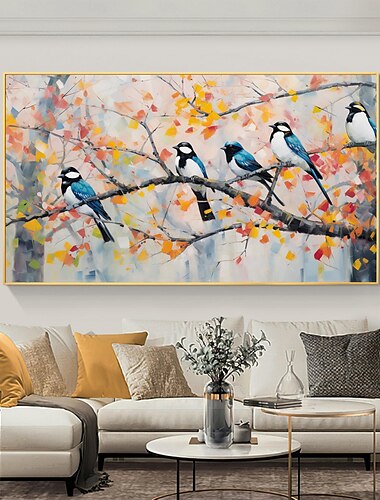  dipinto a olio originale fatto a mano con uccello blu su tela, dipinto artistico con paesaggio da parete per la decorazione domestica con cornice allungata/senza cornice interna