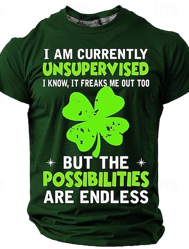  St. Patrick Männer Vierblättriger Kleeblatt Shamrock Ich bin momentan unbeaufsichtigt ich weiß das macht mich auch verrückt Irisches T-Shirt T-Shirt Tee Kurzarm T-Shirt 3D Druck Rundhals Shirt