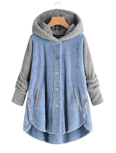  Damen Farbblock Warm Teddy Fuzzy Langarm Kapuzenpullover Lange Oberteile Strasse Casual Knopf Tasche Schwarz Rosa Wein Blau Grün Herbst Winter