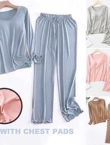  dames pyjama sets pure kleur eenvoudig comfort thuis dagelijks bed modal ademend ronde hals lange mouw t-shirt t-shirt broek elastische taille zomer lente thuis outfits