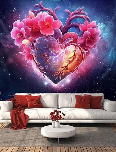  بساط معلق على شكل قلب وزهور عيد الحب، بساط جداري كبير، ديكور جداري، صورة خلفية، ستارة بطانية، ديكور غرفة نوم المنزل وغرفة المعيشة