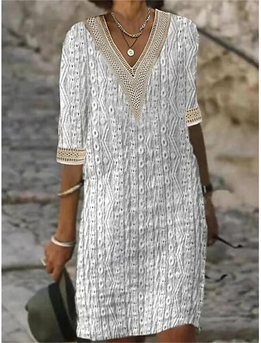  Γυναικεία Φόρεμα εργασίας Μαύρο φόρεμα Λευκό φόρεμα Κομψό Καθημερινά Μίνι φόρεμα Δαντέλα Λαιμόκοψη V Μισό μανίκι Γεωμετρικό Χαλαρή Εφαρμογή Μαύρο Λευκό Μπεζ Καλοκαίρι Άνοιξη Τ M L XL XXL