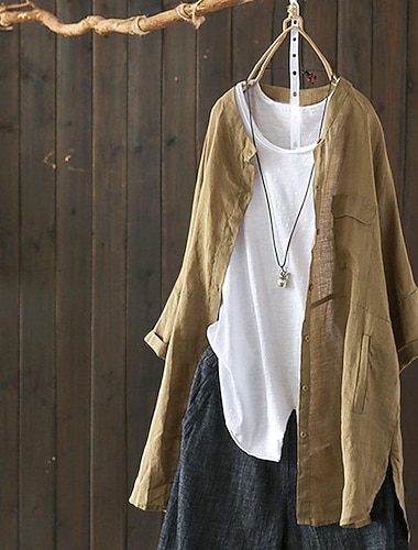  Baumwoll-Leinen-Hemden Leinenhemd Knopfleiste Langes Baumwolltop Damen Schwarz Weiß Khaki Einfarbig Lang Täglich Straße Mode Rundhals Leinen Normale Passform S