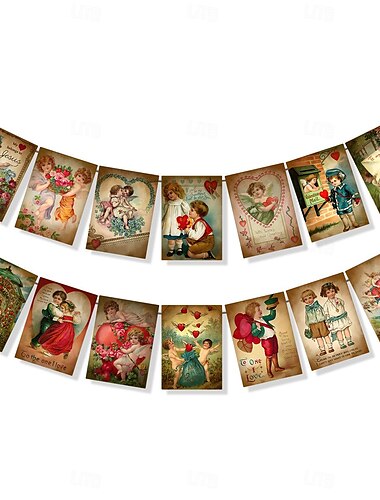  2 Stück Valentinstag-Hängedekorationen, Vintage-Valentinstag-Banner, Girlanden-Dekoration, Vintage-Papierschlafsack für draußen, drinnen, Hochzeit, Jahrestag, Verlobung, Geburtstag, Urlaub,