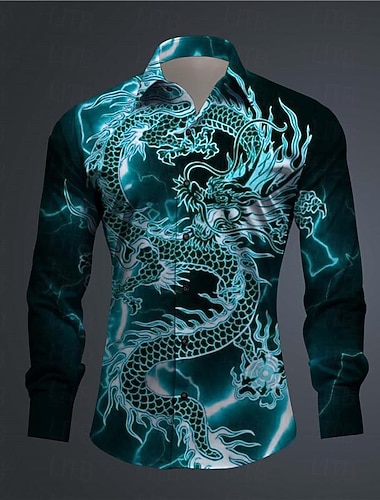  Voor heren Draak Overhemd Overhemd met knopen Lange mouw Abstract Alledaagse kleding Uitgaan Lente Strijkijzer Afdrukken Button-omlaag Zwart Rood Koningsblauw Oranje Goud