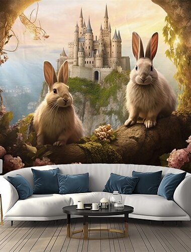  Hase Schloss Hängender Wandteppich Wandkunst großer Wandteppich Wandmalerei Dekor Fotohintergrund Decke Vorhang Heim Schlafzimmer Wohnzimmer Dekoration