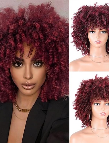  Peluca Afro Kinky Rizada con Flequillo de 12 Pulgadas Pelucas Completas Sintéticas Resistentes al Calor Pelucas Rizadas Kinky Cortas para Fiestas Diarias Pelucas de Halloween