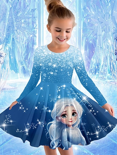  Meisjes 3D Tekenfilm Prinses Jurk Lange mouw 3D-afdrukken Lente Herfst Vakantie Sport & Outdoor Dagelijks leuke Style Casual Mooi Kinderen 3-12 jaar Casual jurk A lijn jurk Boven de knie Normale