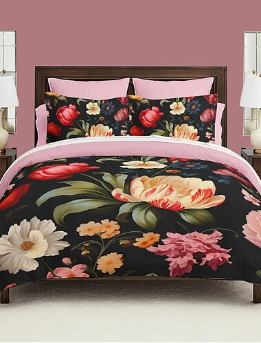  l.t.home Bettbezug-Set aus 100 % Baumwollsatin, wendbar, Premium-Bettwäsche-Set mit Vintage-Blumenmuster und Fadenzahl 300