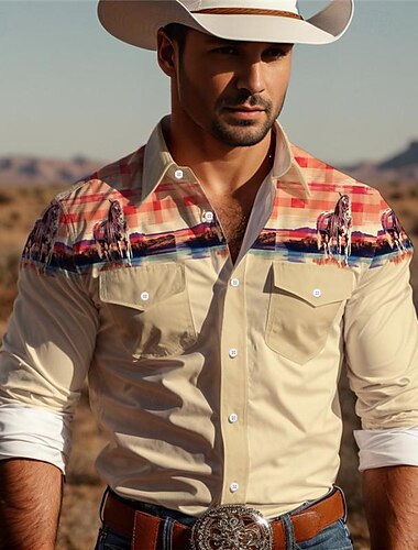 Homens Cowboy camisa ocidental camisa de botão Camisa de caubói Manga Longa Vintage Ocidental Roupa Diária Para Noite Final de semana Primavera Outono Inverno Aberto para a Lateral Camisas de