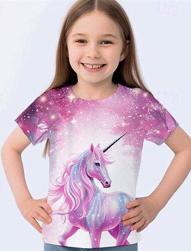  Chica 3D Unicornio Camiseta Camisa Rosa Manga Corta Impresión 3D Verano Activo Moda Estilo lindo Poliéster Niños 3-12 años Cuello Barco Exterior Casual Diario Ajuste regular