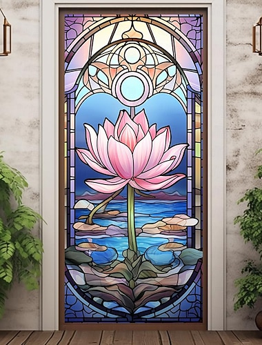  Buntglas-Lotus-Türabdeckungen, Wanddekoration, Türteppich, Türvorhang, Dekoration, Hintergrund, Türbanner, abnehmbar, für Haustür, Innen- und Außenbereich, Heimdekoration, Bauernhaus-Dekoration