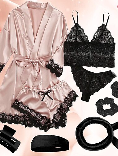  8-teiliges Pyjama-Set für Erwachsene, Schlafanzug mit Haargummi-Set, Nachtwäsche, einfarbig, Einteiler, Pyjama, Pyjama aus Eisseide, Cosplay für Damen, Valentinstag, Tier-Nachtwäsche, Cartoon