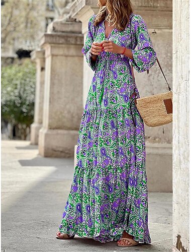  Női Hosszú ruha Maxi ruha Paisley ruha hétköznapi ruha Boho elegáns ruhák Boho ruha Csehország Etno A-vonalú Vakáció Utca Szabadság Laza öltözet Paisley Hosszú ujj V-alakú Arcpír rózsaszín Medence
