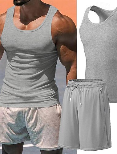  Herren Passende Sets Grau Panzer Weste Unterhemden Aktiv Shorts Kurze Hosen Sets Ärmellos Rundhalsausschnitt Sport Freizeitskleidung Glatt Kordelzug Elastische Taille Polyester Sommer