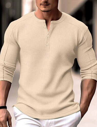  Herren Waffel-Henley-Hemd Henley Shirt T-Shirt langarmshirt Glatt Henley Strasse Urlaub Langarm Bekleidung Modisch Designer Basic