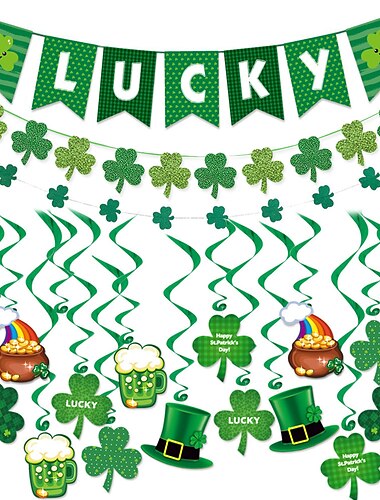  Dekorationsset zum St. Patrick's Day, 26-teiliges Kleeblatt-Glücksbanner aus Filz, einschließlich Buchstabenbanner, Wirbeln und Cupcake-Topper mit grünem Glückskleeblatt, für den St. Patrick's Day