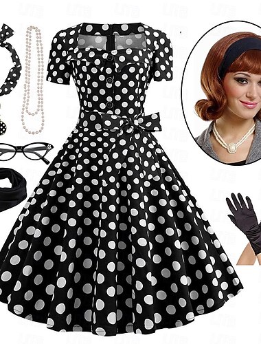  Vestido rockabilly de corte A para mujer, vestido de lunares con accesorios, conjunto retro vintage de los años 50 y 60 con diadema, bufanda de gasa, pendientes, gafas de ojo de gato, collar de